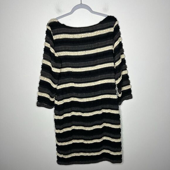 Sharagano Dress Womens Size 14 Striped Textured 3/4 Sleeves Boho Fall Black - Picture 5 of 13